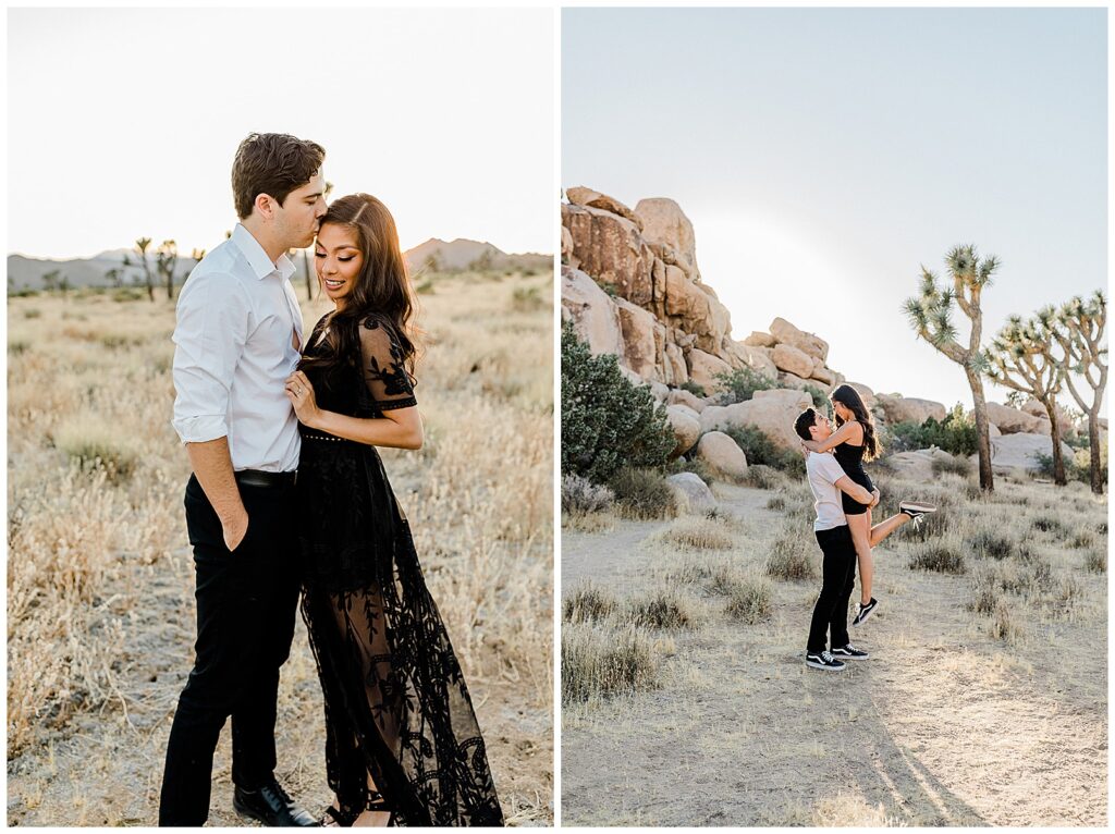 engagement session at joshua tree couple in black and white engagement outfits