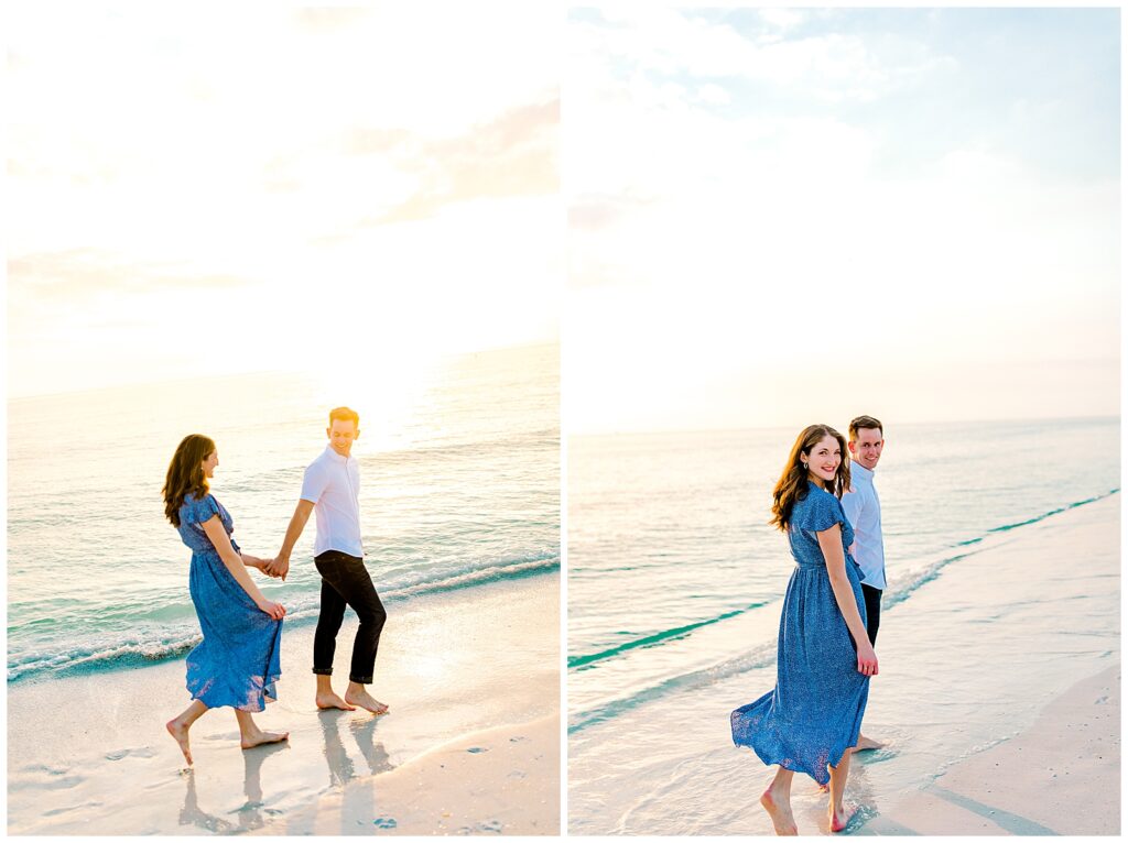 couple walking on beach for engagement photos in florida